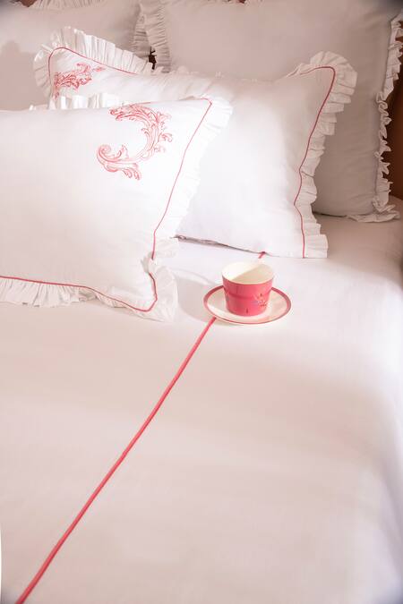 Shop LA Paloma White 100% Cotton Embroidered Bedsheet Set Online at Aza Fashions Shop_LA Paloma_White 100% Cotton Embroidered Bedsheet Set_Online_at_Aza_Fashions