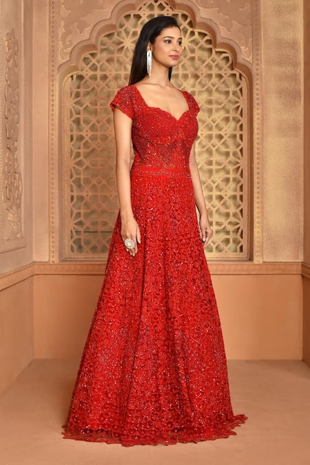 Buy_Kalighata_Red Net Cut Work, Sequins Sweetheart Neck Noor Embroidered Flared Gown _Online_at_Aza_Fashions