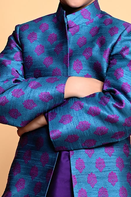 Kids Lane_Blue Jersey, Silk, Cotton Embroidery Floral Print Bandhgala Set_Online_at_Aza_Fashions