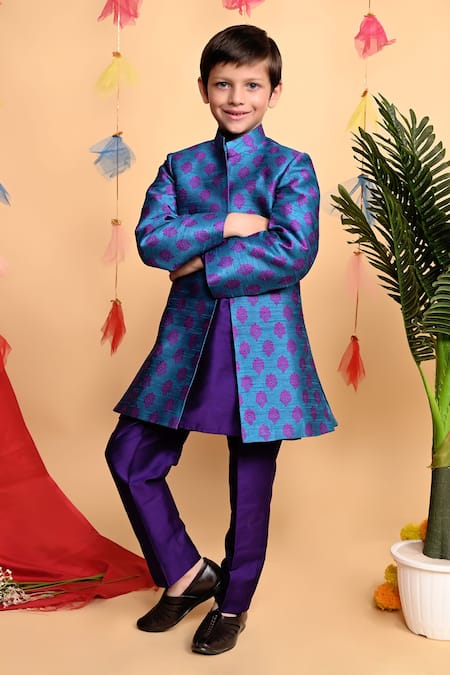 Buy_Kids Lane_Blue Jersey, Silk, Cotton Embroidery Floral Print Bandhgala Set_Online_at_Aza_Fashions