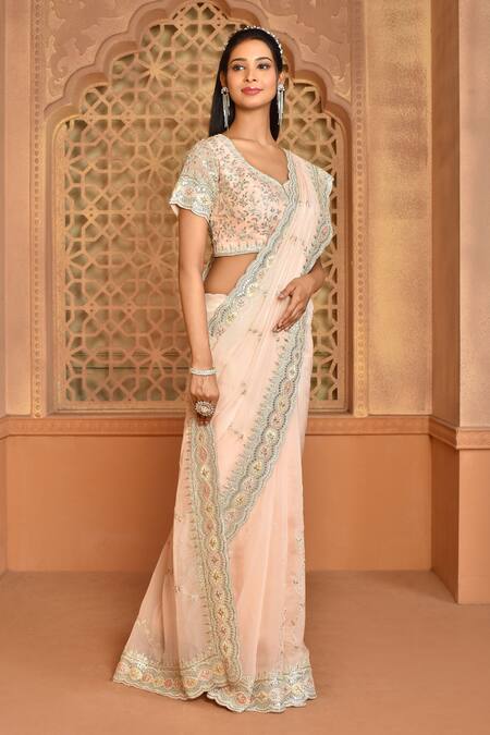 Kalighata_Peach Organza Sequins, Embroidery V-neck Saanvi Saree With Blouse _Online_at_Aza_Fashions