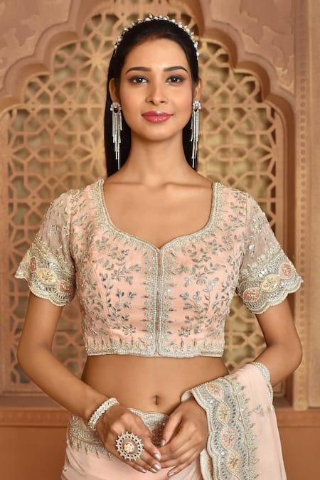 Buy_Kalighata_Peach Organza Sequins, Embroidery V-neck Saanvi Saree With Blouse _Online_at_Aza_Fashions