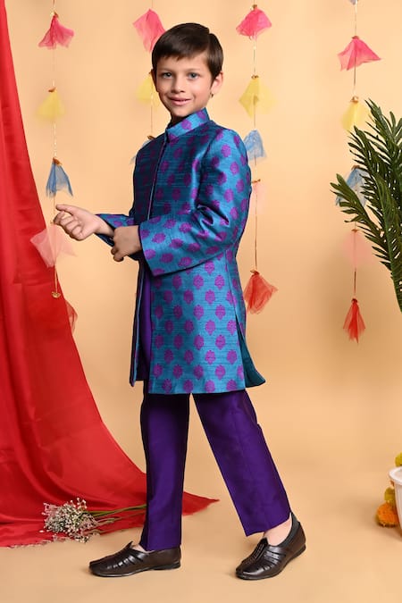 Shop_Kids Lane_Blue Jersey, Silk, Cotton Embroidery Floral Print Bandhgala Set_Online_at_Aza_Fashions