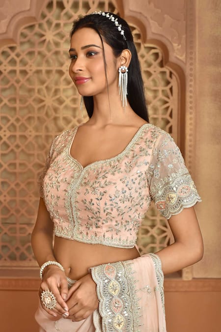 Shop_Kalighata_Peach Organza Sequins, Embroidery V-neck Saanvi Saree With Blouse _Online_at_Aza_Fashions