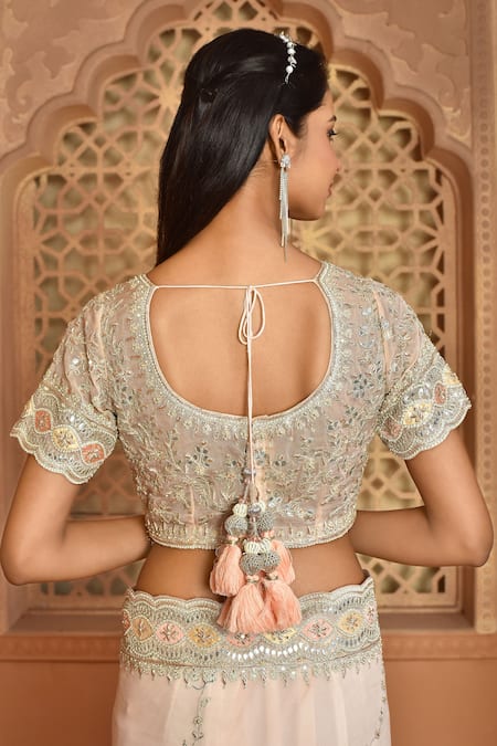 Kalighata_Peach Organza Sequins, Embroidery V-neck Saanvi Saree With Blouse _at_Aza_Fashions