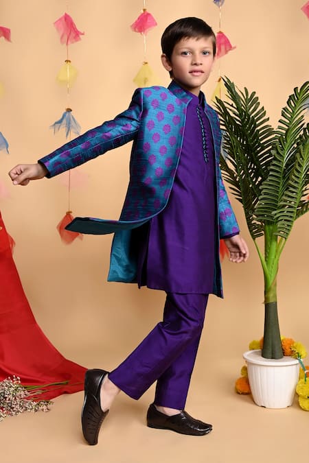Kids Lane_Blue Jersey, Silk, Cotton Embroidery Floral Print Bandhgala Set_at_Aza_Fashions