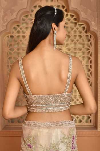 Shop_Kalighata_Peach Net Sequins, Cut Work, Embroidery Sweetheart Neck Saree With Blouse _Online_at_Aza_Fashions