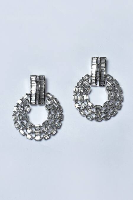 Nayaab By Aleezeh_Silver Plated Stones Geometric Studded Earrings_Online_at_Aza_Fashions