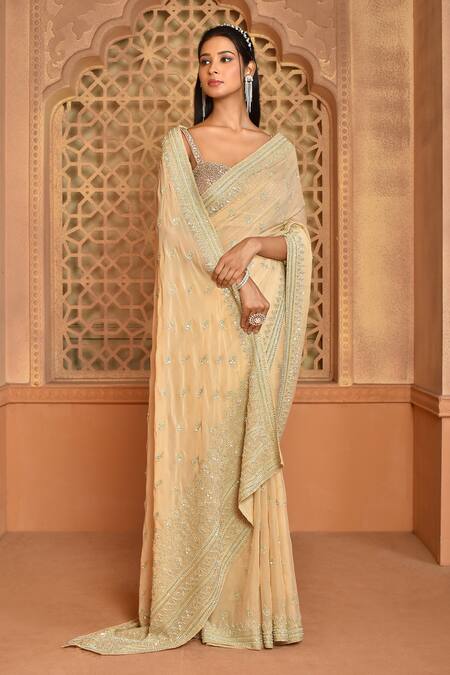 Kalighata_Gold Organza Cut Work, Sequins Sweetheart Charvi Embroidered Saree With Blouse _at_Aza_Fashions