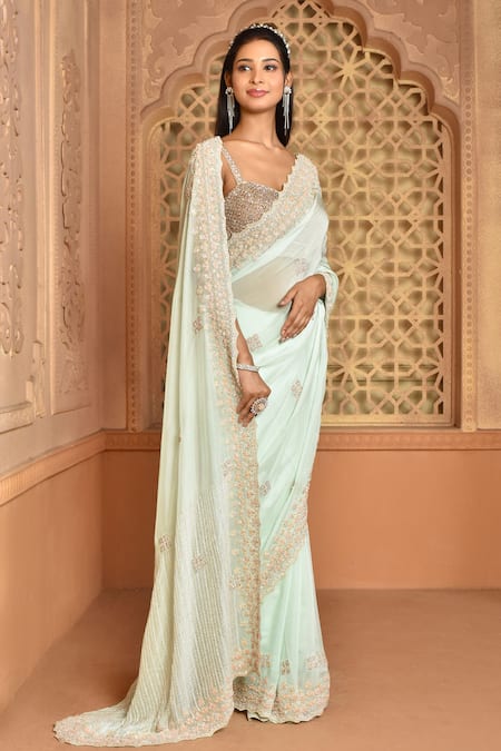 Kalighata_Blue Organza Sequins Sweetheart Neck Twinkle Embroidered Saree With Blouse _at_Aza_Fashions