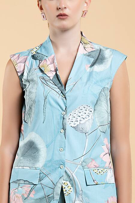 Shop_Divi By Sonal Khandelwal_Sky Blue Cotton Collared Nelumbo Printed Top And Pant Set _Online_at_Aza_Fashions