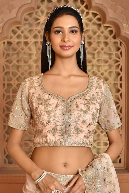 Buy_Kalighata_Peach Organza Sequins, Cut Work, Embroidery Boat Akshara Saree With Blouse _Online_at_Aza_Fashions