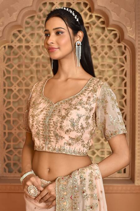 Shop_Kalighata_Peach Organza Sequins, Cut Work, Embroidery Boat Akshara Saree With Blouse _Online_at_Aza_Fashions