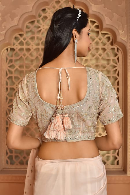 Kalighata_Peach Organza Sequins, Cut Work, Embroidery Boat Akshara Saree With Blouse _at_Aza_Fashions