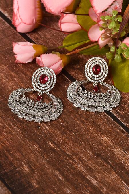 Nazaakat By Samara Singh_Silver Plated Stone Embellished Cutwork Detail Chandbalis_at_Aza_Fashions