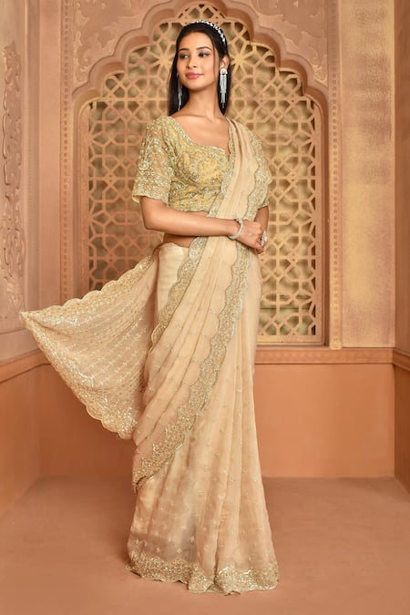 Kalighata_Gold Organza Sequins, Cut Work Boat Margrette Embroidered Saree With Blouse _Online_at_Aza_Fashions