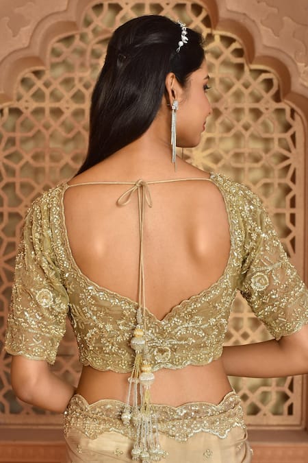 Shop_Kalighata_Gold Organza Sequins, Cut Work Boat Margrette Embroidered Saree With Blouse _Online_at_Aza_Fashions