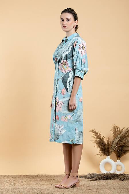 Buy_Divi By Sonal Khandelwal_Sky Blue Cotton Embroidery Collared Lotus Print Shirt Dress _Online_at_Aza_Fashions