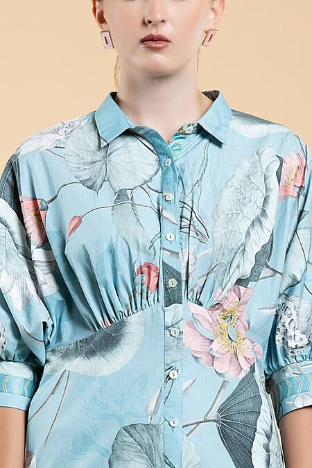 Shop_Divi By Sonal Khandelwal_Sky Blue Cotton Embroidery Collared Lotus Print Shirt Dress _Online_at_Aza_Fashions