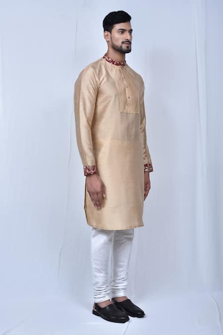 Shop_Adara Khan_Beige Silk Embroidery Floral Kurta Set _Online_at_Aza_Fashions