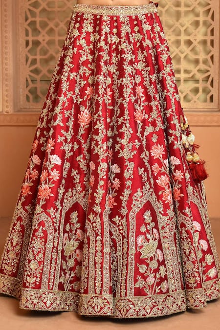 Kalighata_Maroon Silk Embroidery V-neck Raw Floral Bridal Lehenga Set _Online_at_Aza_Fashions
