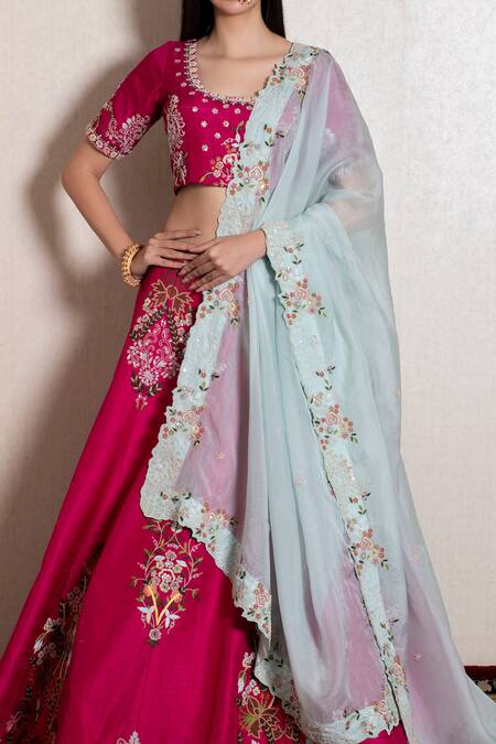 Buy_Kesar Studio_Pink Bamboo, Chiffon Embroidery Scoop Neck Floral Bunch Lehenga Set _Online_at_Aza_Fashions