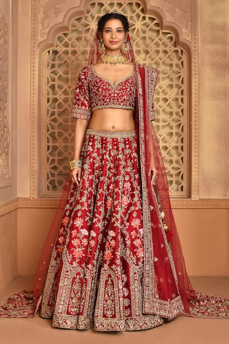 Buy_Kalighata_Maroon Silk Embroidery V-neck Raw Floral Bridal Lehenga Set _Online_at_Aza_Fashions