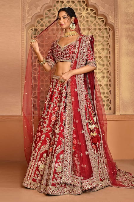 Shop_Kalighata_Maroon Silk Embroidery V-neck Raw Floral Bridal Lehenga Set _Online_at_Aza_Fashions