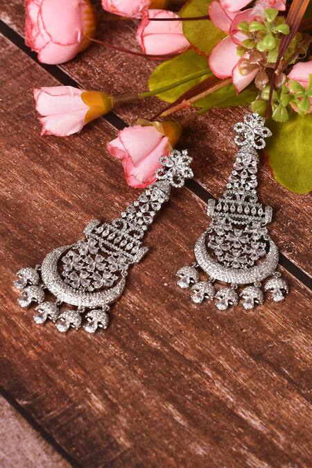 Shop_Nazaakat By Samara Singh_Silver Plated Flower Shaped Long Earrings_Online_at_Aza_Fashions