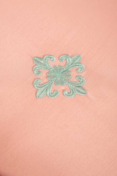 Buy_LA Paloma_Peach 100% Tencel Embroidered Floral Placement Bedsheet Set_Online_at_Aza_Fashions