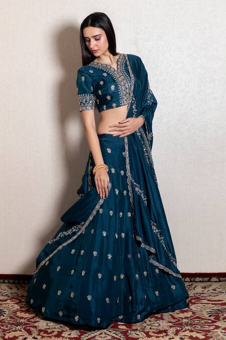 Kesar Studio_Blue Silk, Bamboo Zari, Embroidery Scoop Neck Zardozi Lehenga Set_Online_at_Aza_Fashions