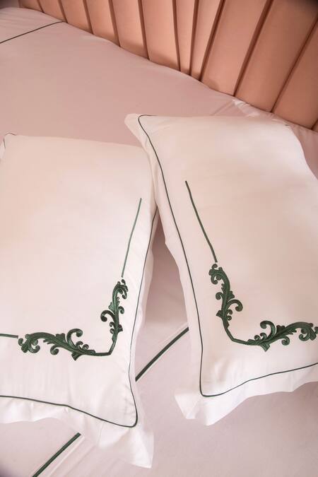 Buy LA Paloma White 100% Cotton Embroidered Placement Bedsheet Set Online at Aza Fashions Buy_LA Paloma_White 100% Cotton Embroidered Placement Bedsheet Set_Online_at_Aza_Fashions