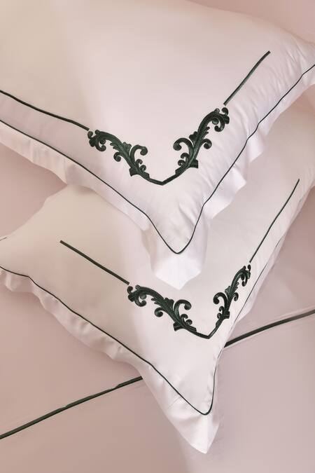 Shop_LA Paloma_White 100% Cotton Embroidered Placement Bedsheet Set_Online_at_Aza_Fashions