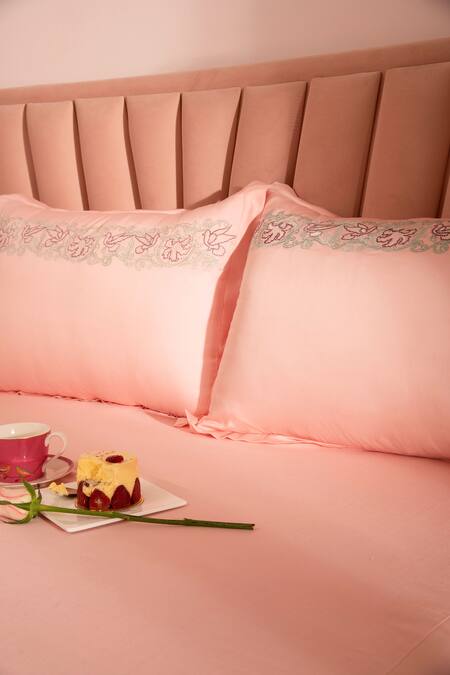 LA Paloma_Peach 100% Tencel Embroidered Solid Bedsheet With Bird Pillow Covers Set_Online_at_Aza_Fashions