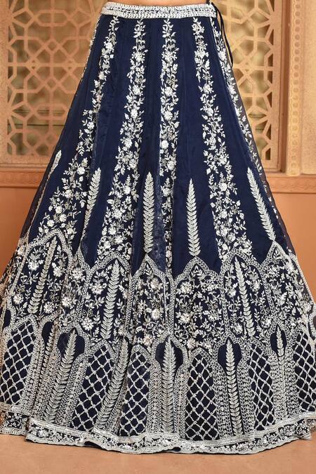 Kalighata_Blue Organza Embroidery V-neck Rolex Floral Bridal Lehenga Set_Online_at_Aza_Fashions