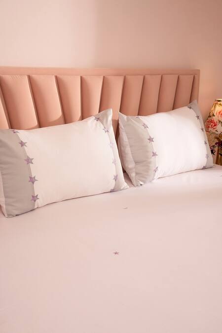 Buy_LA Paloma_White 100% Cotton Embroidered Star Bedsheet Set_Online_at_Aza_Fashions