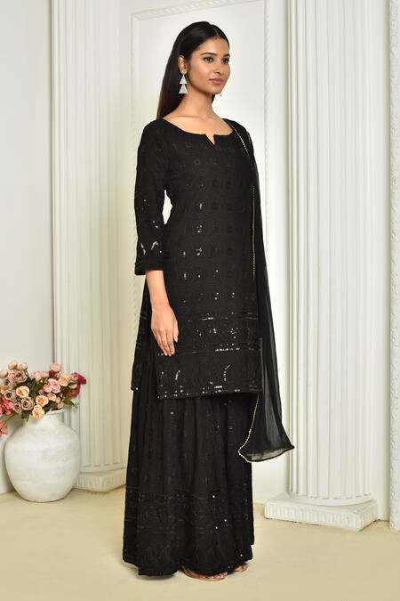 Adara Khan_Black Kurta Rayon Embroidered Sequins Notched Leaf Sharara Set_at_Aza_Fashions