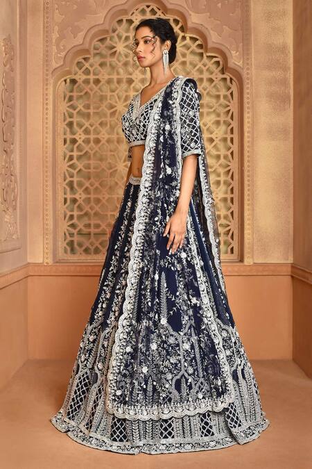 Kalighata_Blue Organza Embroidery V-neck Rolex Floral Bridal Lehenga Set_at_Aza_Fashions