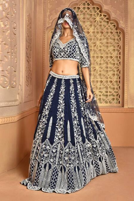Buy_Kalighata_Blue Organza Embroidery V-neck Rolex Floral Bridal Lehenga Set