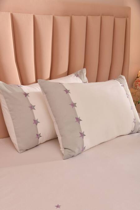 Shop_LA Paloma_White 100% Cotton Embroidered Star Bedsheet Set_Online_at_Aza_Fashions
