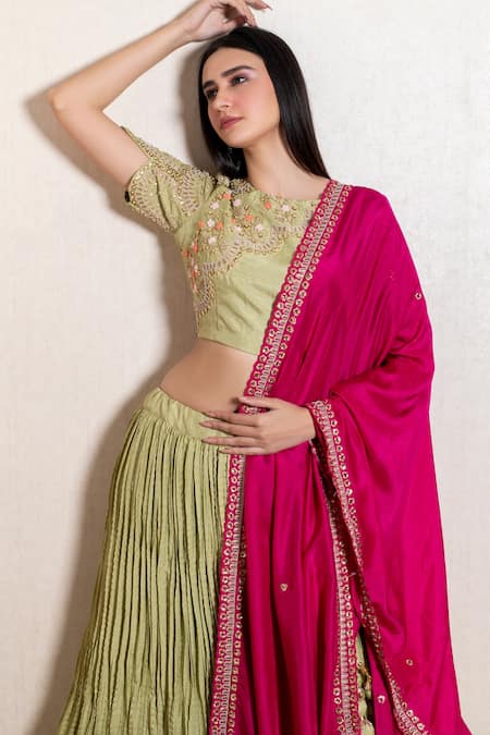 Kesar Studio_Green Bamboo Embroidery Round Neck Crushed Lehenga Set_Online_at_Aza_Fashions