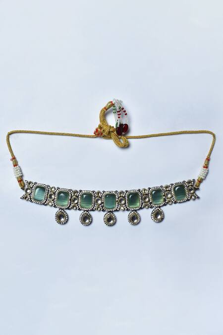 Nayaab By Aleezeh_Green Kundans, Stones Geometric Embellished Choker Set_Online_at_Aza_Fashions