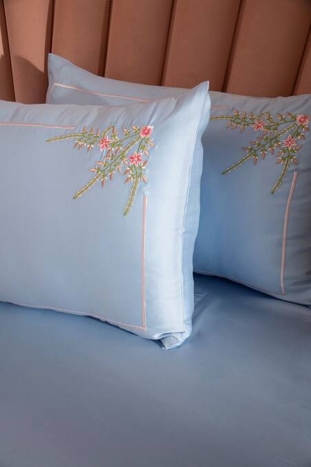 LA Paloma_Blue 100% Tencel Embroidered Solid Bedsheet With Floral Pillow Cover Set_Online_at_Aza_Fashions
