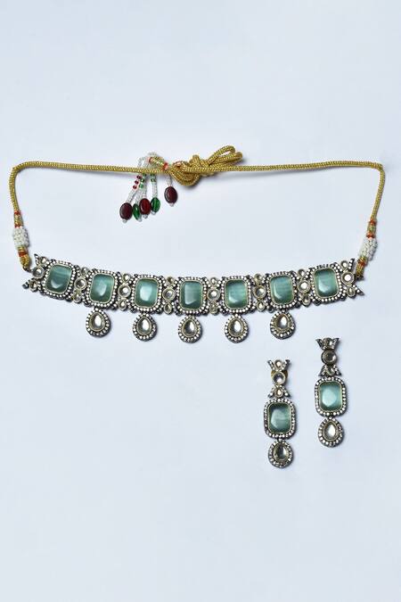 Buy_Nayaab By Aleezeh_Green Kundans, Stones Geometric Embellished Choker Set_Online_at_Aza_Fashions