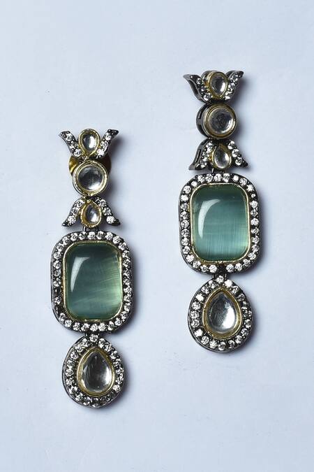 Shop_Nayaab By Aleezeh_Green Kundans, Stones Geometric Embellished Choker Set_Online_at_Aza_Fashions