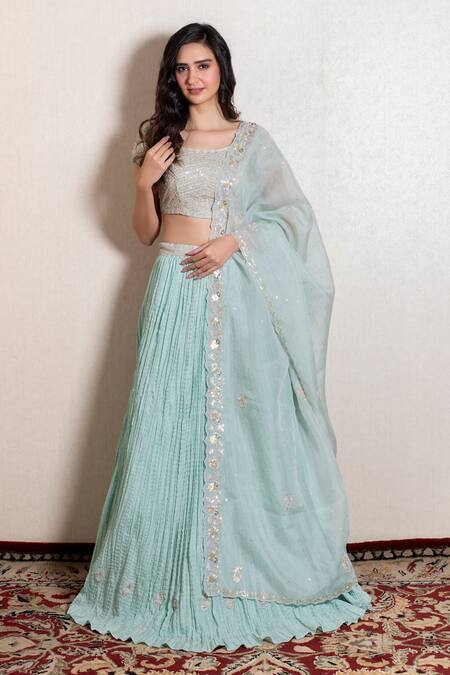 Kesar Studio_Blue Bamboo Sequins, Embroidery, Zari Scoop Neck Pleated Zardozi Lehenga Set _Online_at_Aza_Fashions
