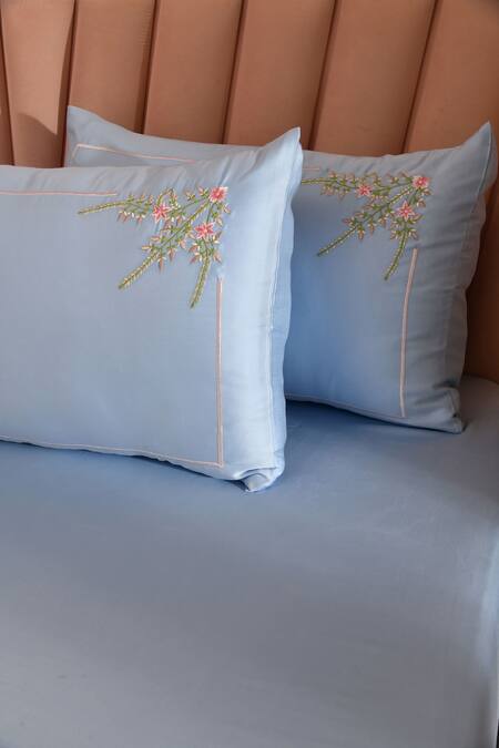 Buy_LA Paloma_Blue 100% Tencel Embroidered Solid Bedsheet With Floral Pillow Cover Set_Online_at_Aza_Fashions