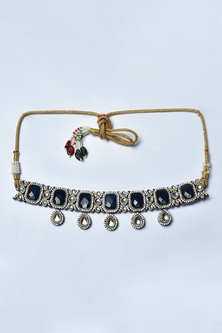 Nayaab By Aleezeh_Black Stones Geometric Embellished Necklace Set_Online_at_Aza_Fashions