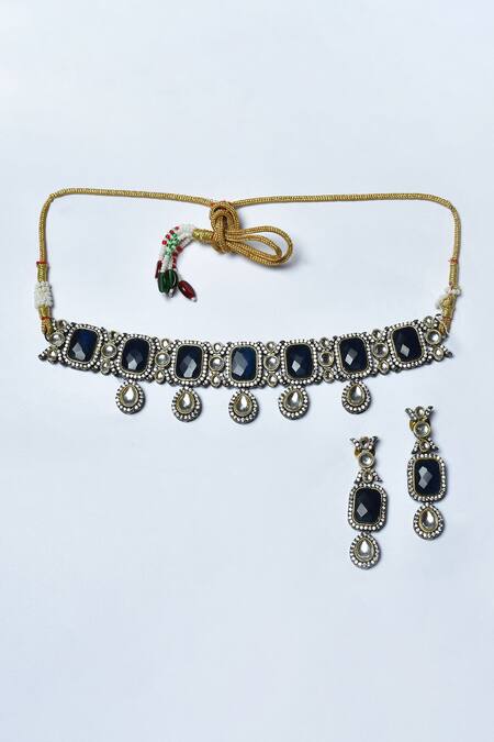 Buy_Nayaab By Aleezeh_Black Stones Geometric Embellished Necklace Set_Online_at_Aza_Fashions