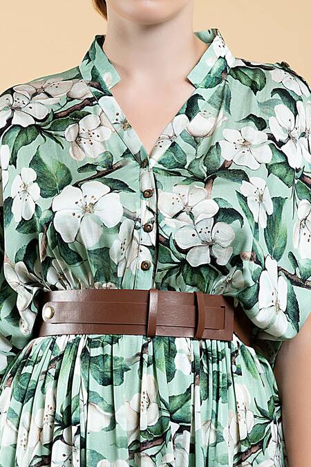 Shop_Divi By Sonal Khandelwal_Green Modal, Satin V-neck Wild Apple Print Kimono Dress _Online_at_Aza_Fashions